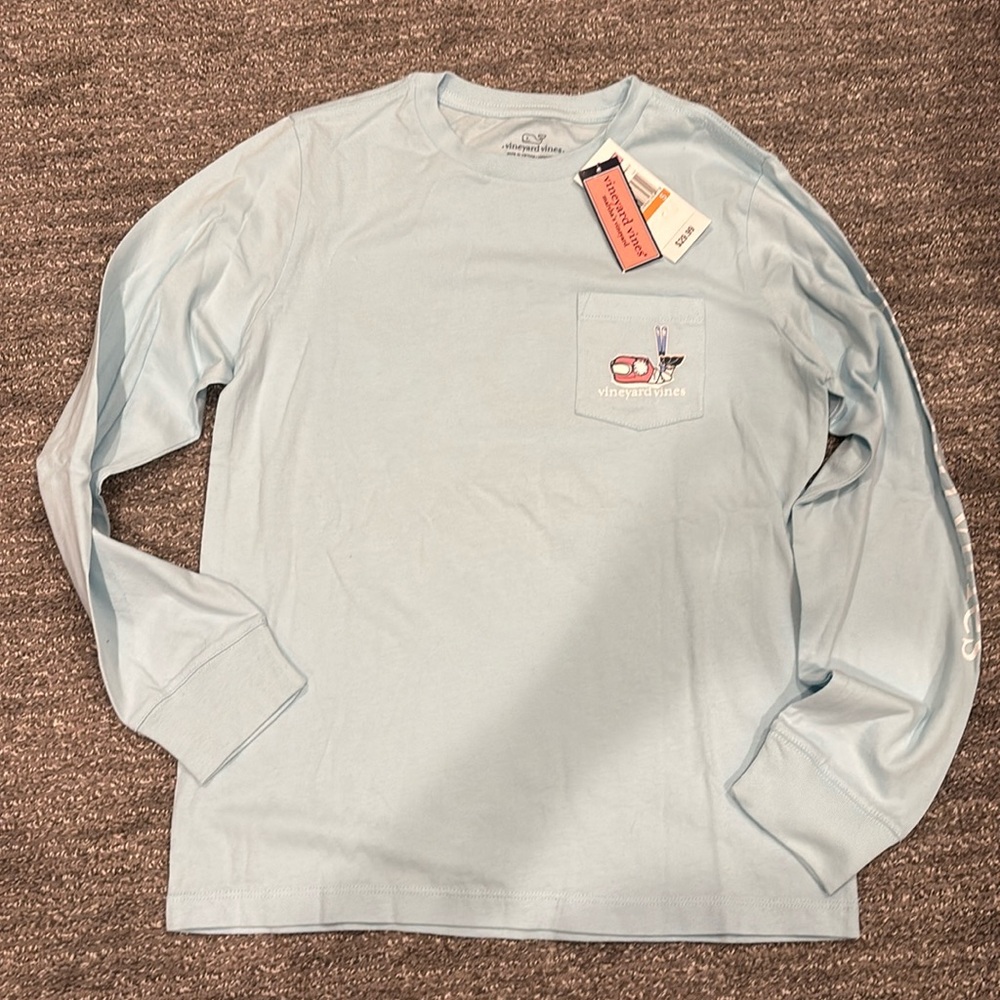 Vineyard Vines kids LS ski whale pocket tee pale sky size small NWT